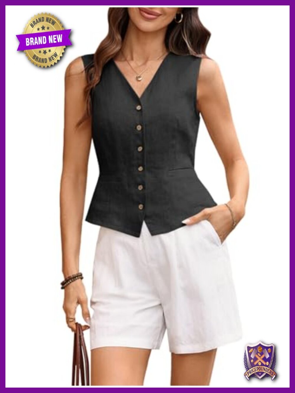 Women's 100% Linen Cropped V-Neck Button Up Back Tie Vest with Pockets